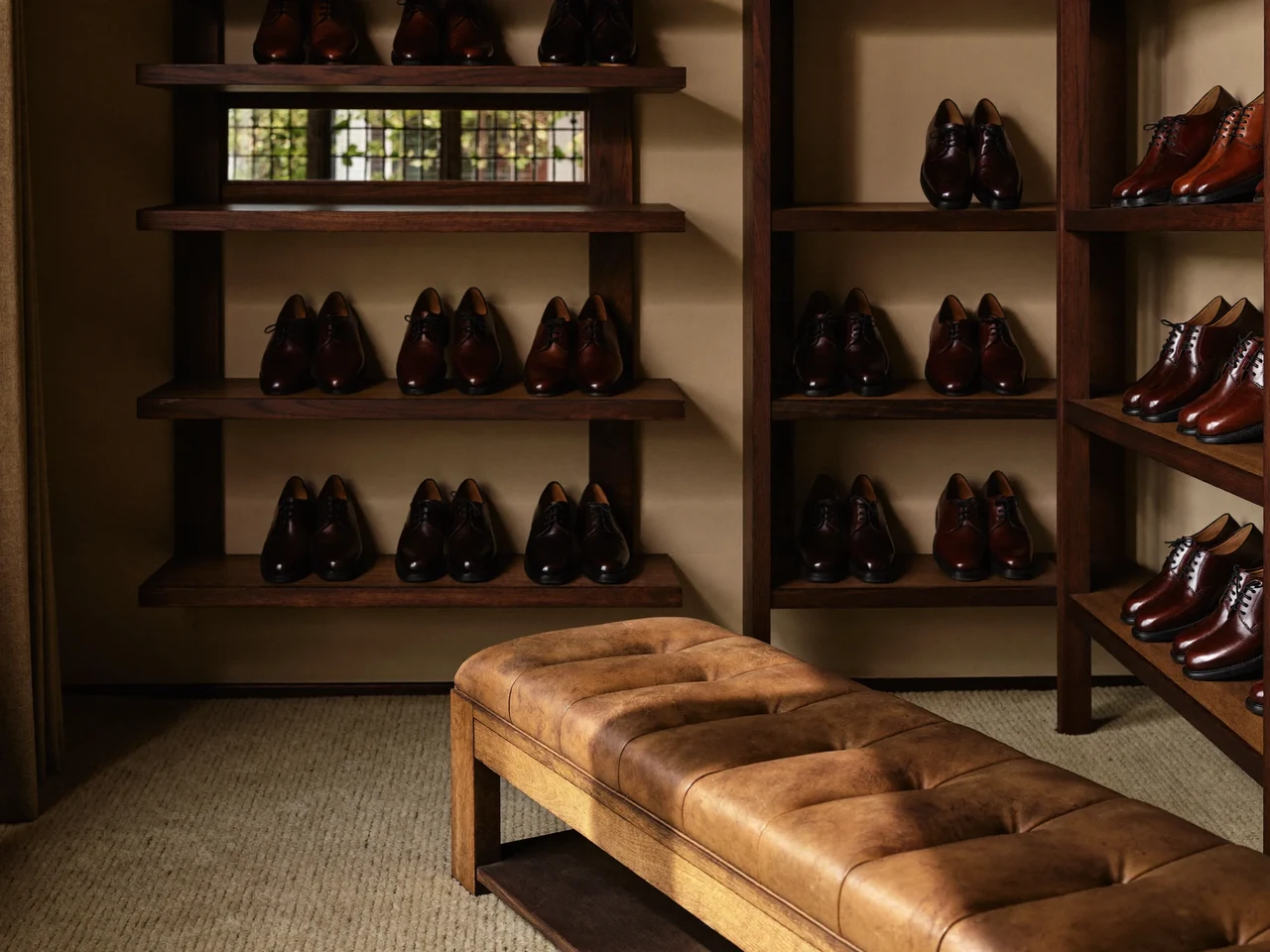 Interno illustrato di un negozio di scarpe tradizionale con scaffali in legno e panca di prova.