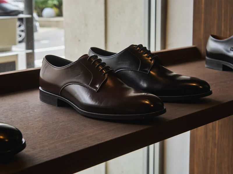 Scaffale in legno con stringate classiche in pelle marrone e nera, illustrazione generata.