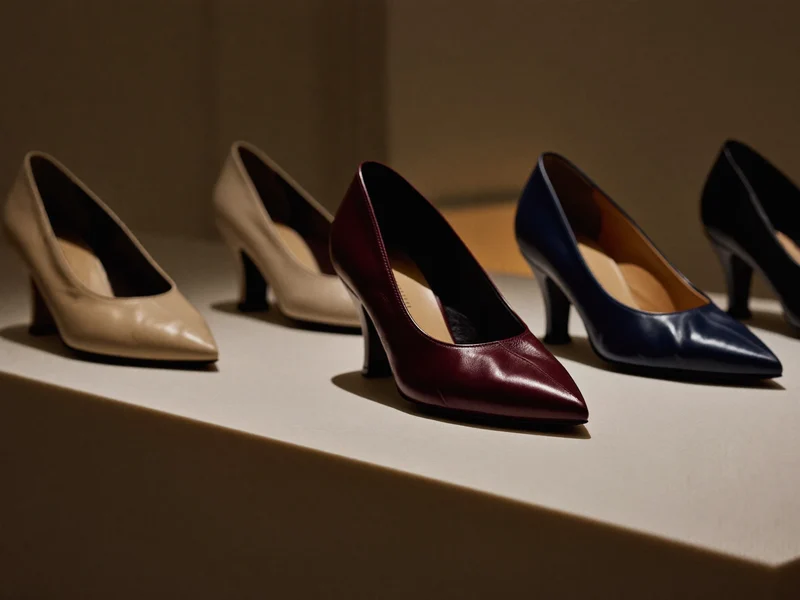 Décolleté e scarpe eleganti in beige, blu e bordeaux su un ripiano chiaro, illustrazione.